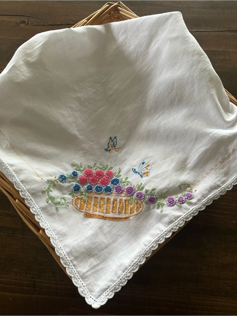 Vintage Hand Embroidered Bread Basket Liner Floral Butterfly Crochet Edge